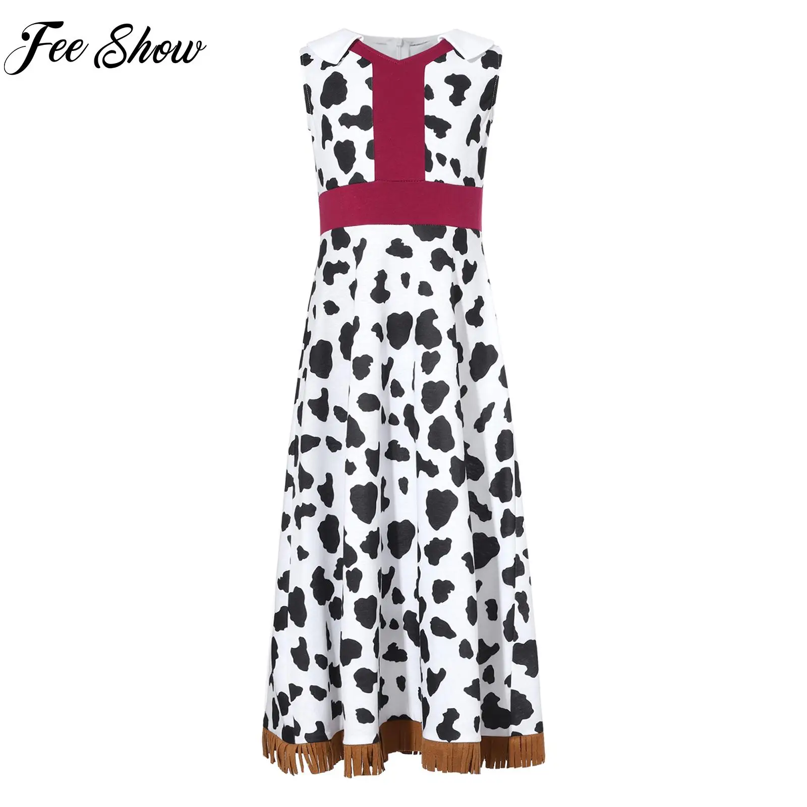 Kids Girls Western Cowgirl Costume V Neck Sleeveless Cow Print Fringe Tassels Dress for Halloween Cosplay Dress Up Party