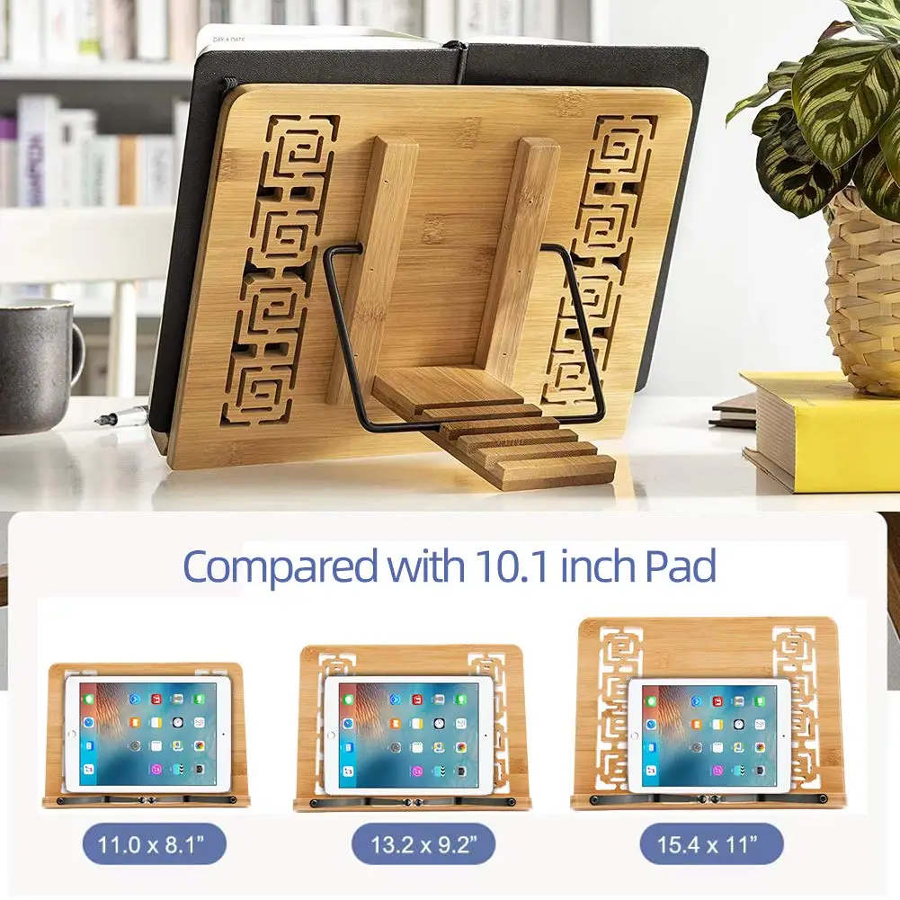 Bamboo Book Stand-Reading Rest Holder Cookbook Cook Stand/Foldable Tablet PC Textbook with Retro Hollow Elegant Pattern