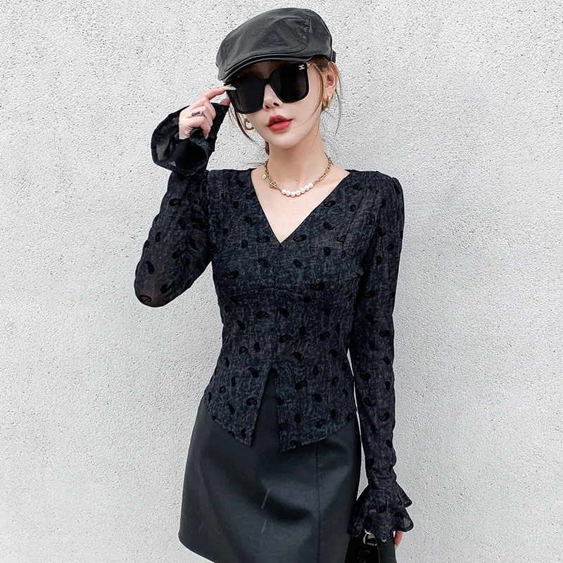 

Black,Spring,Korean,Style,Thin,Mesh,T-Shirt,Fashion,Sexy,V-Neck,Print,Women,Tops,Long Sleeve,Bottoming Shirt,Slim,Tees,591301