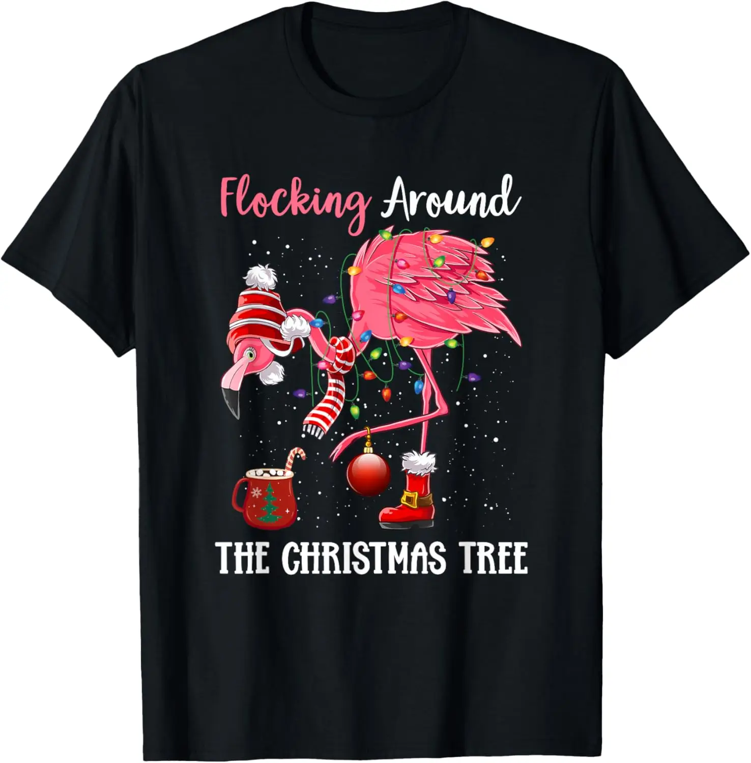 Flocking Around The Christmas Tree Flamingo Graphic T-Shirt Soft Short Sleeve Crewneck Tee