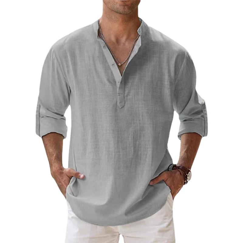 Nieuwe katoenen linnen shirts voor heren Casual shirts Lichtgewicht Henley Beach-shirts met lange mouwen Hawaiiaanse T-shirts voor heren