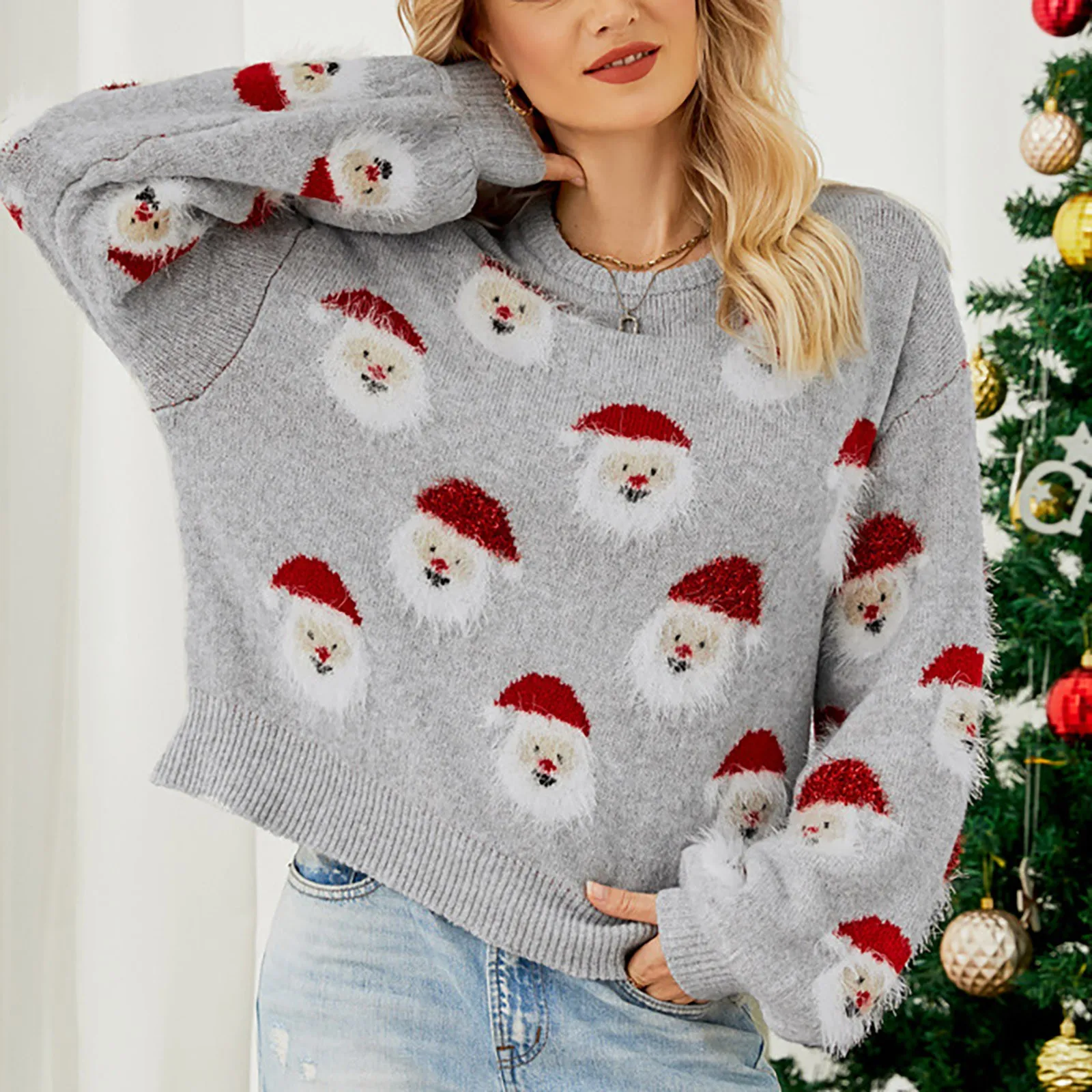 Women Christmas Knitted Sweater Santa Claus Print Pullovers Kawaii Graphic Cartoon Sweaters Y2k Aesthetic Crew Neck Knit Tops