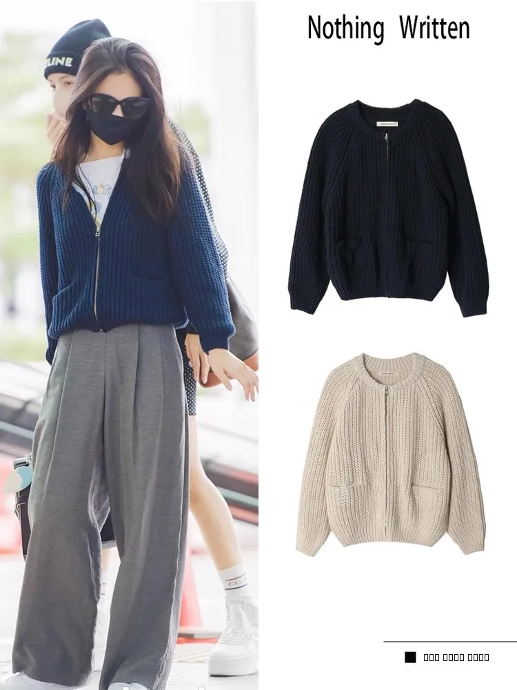 

Женский вязаный кардиган на молнии с круглым вырезом, весенний, модный, из мягкого хлопка, с длинными рукавами, для повседневной носки, теплая верхняя одежда