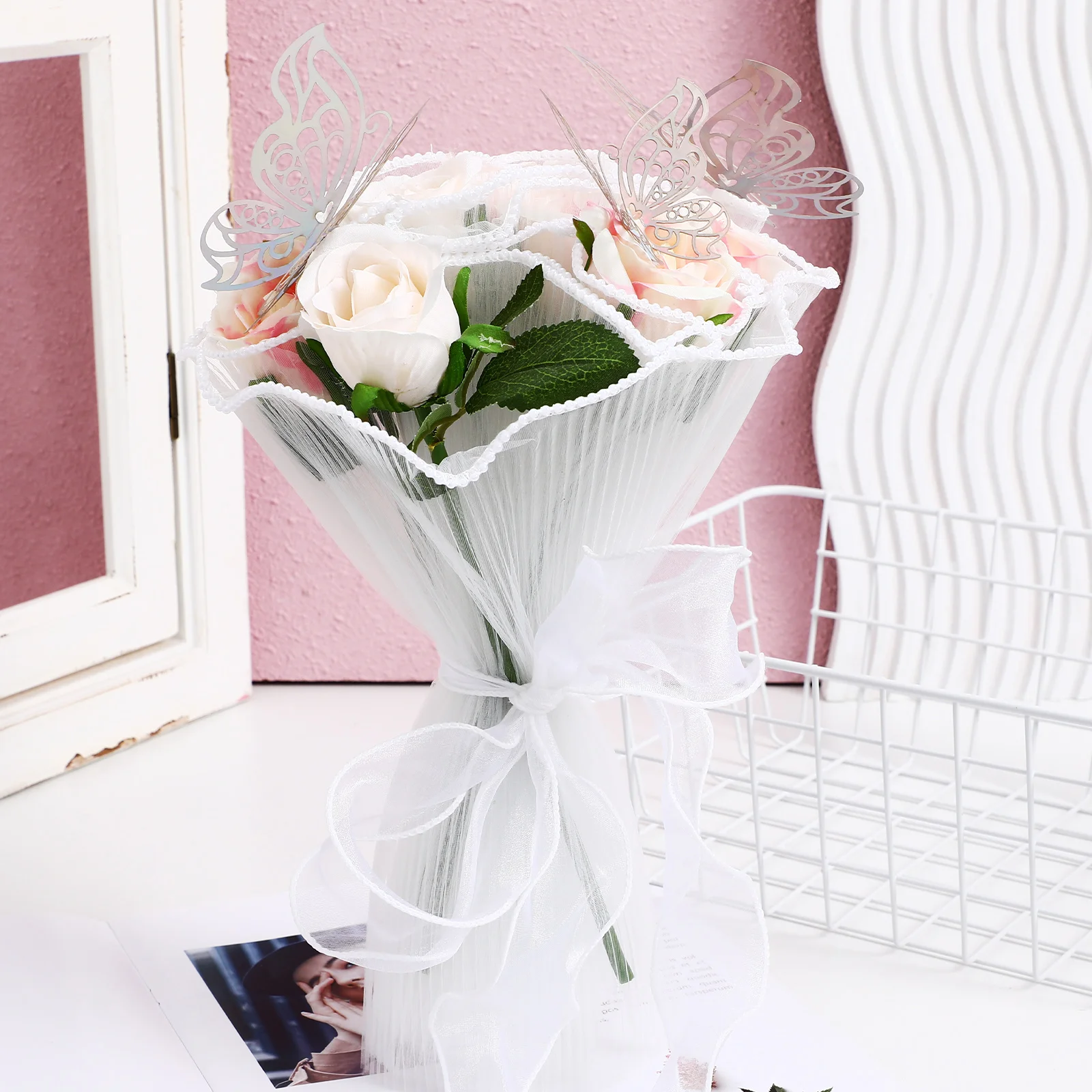 

Florist Bouquet Supplies Pearl Mesh Flower Packaging Kit 4m*28cm White Net 9m*4cm Ribbon 12cm 10cm 8cm Butterflies Floral Paper