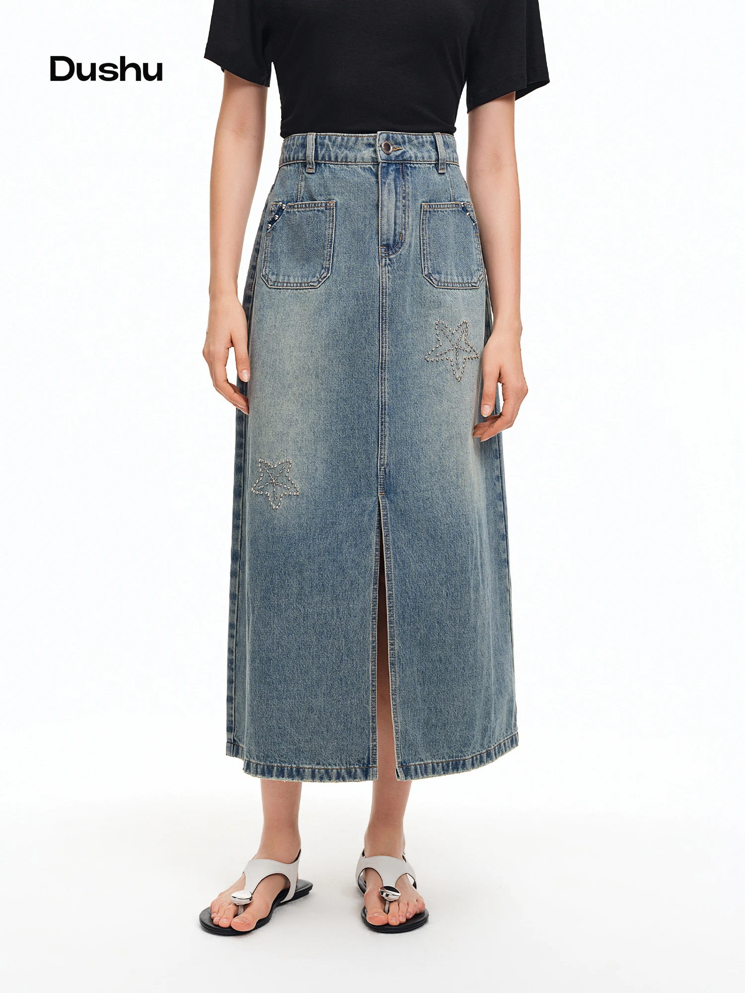 

DUSHU 2026 Летняя женская джинсовая юбка миди с вышивкой в виде морских звезд, винтажная длинная юбка А-силуэта для офиса и повседневной носки, универсальный стиль