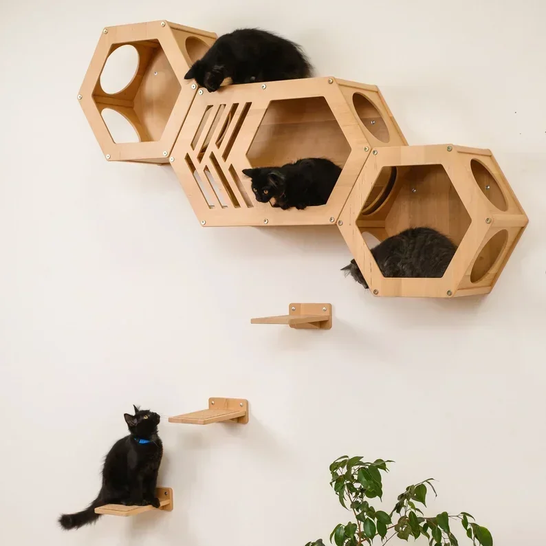 

Rustic Wood Wall Mounted Floating Cat Shelf Hexagon Cat House With Steps Cat Wall Tower Furniture