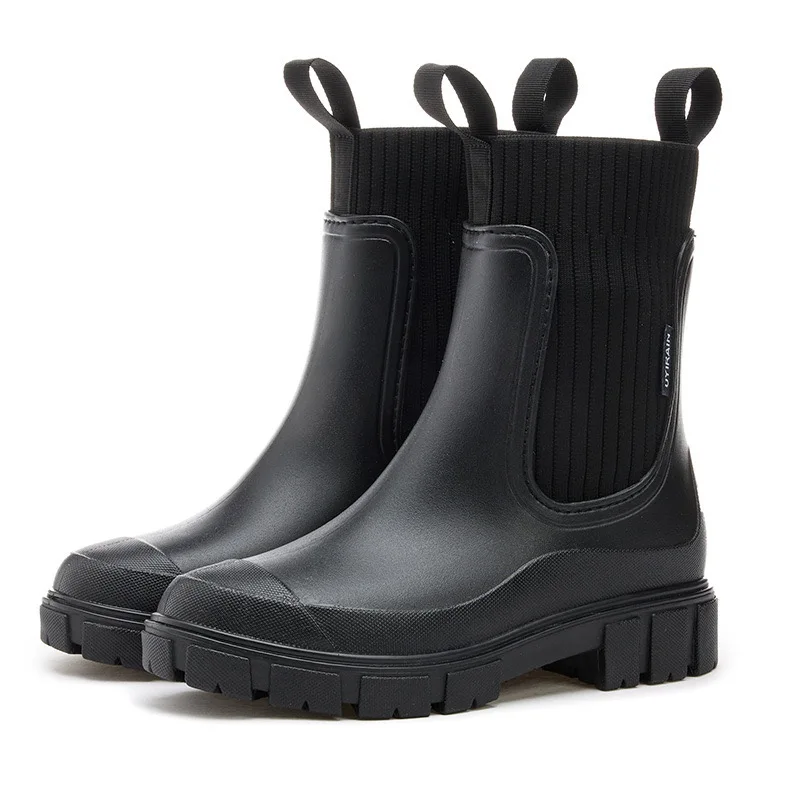 Bottes de pluie mi-mollet peu profondes pour femmes, chaussures rondes en PVC, bottes de pluie solides, bottes à plateforme imperméables, vente de marque