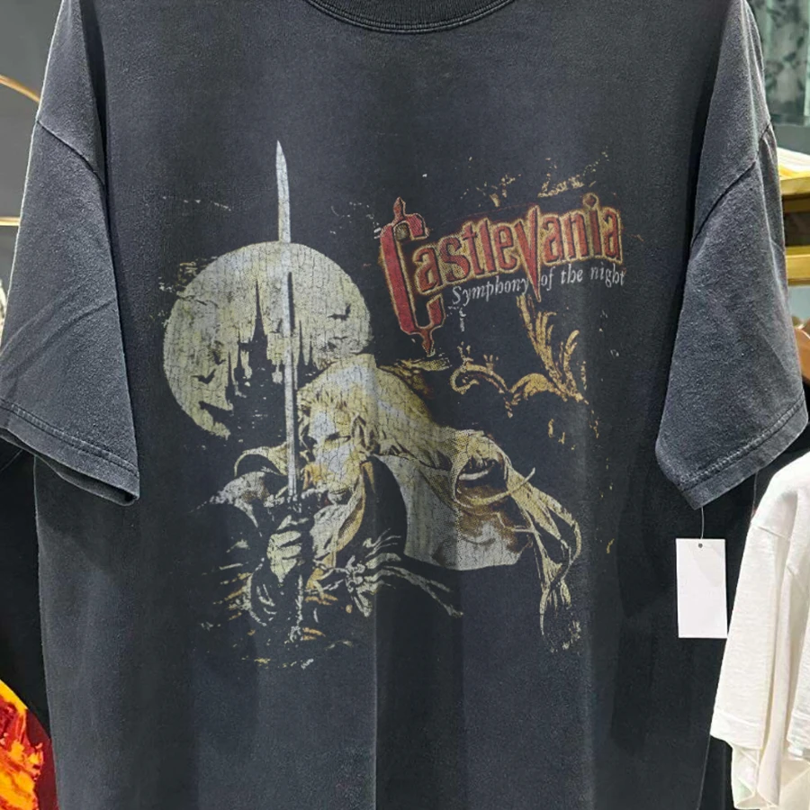 1997 Castlevania 'Sotn' Seltenes Schwarz Gewaschenes T-Shirt im Y2K-Stil mit Underground-Print, Lockerer Schnitt, Retro-Grunge – Detail 4