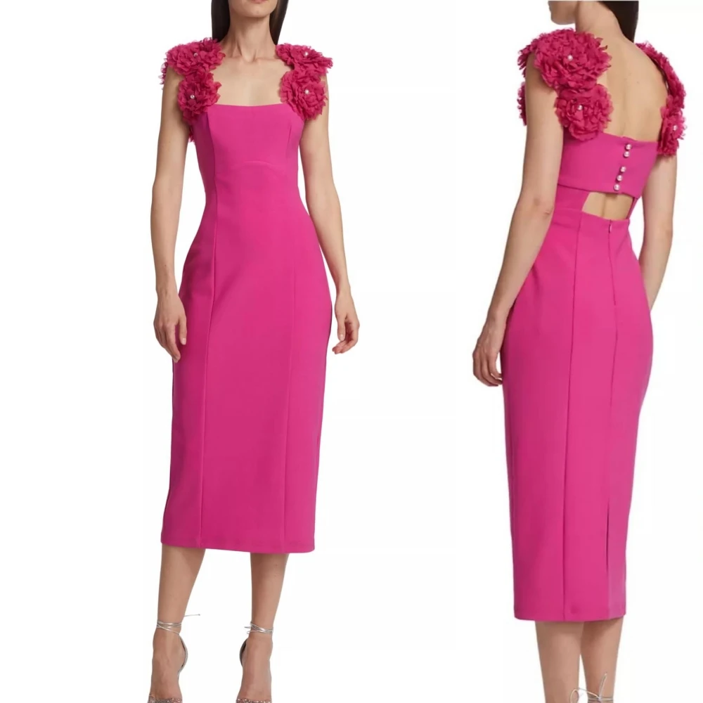 Jersey  Pleat Flower Clubbing Column Square Neck Bespoke Occasion Gown  Midi Dresses