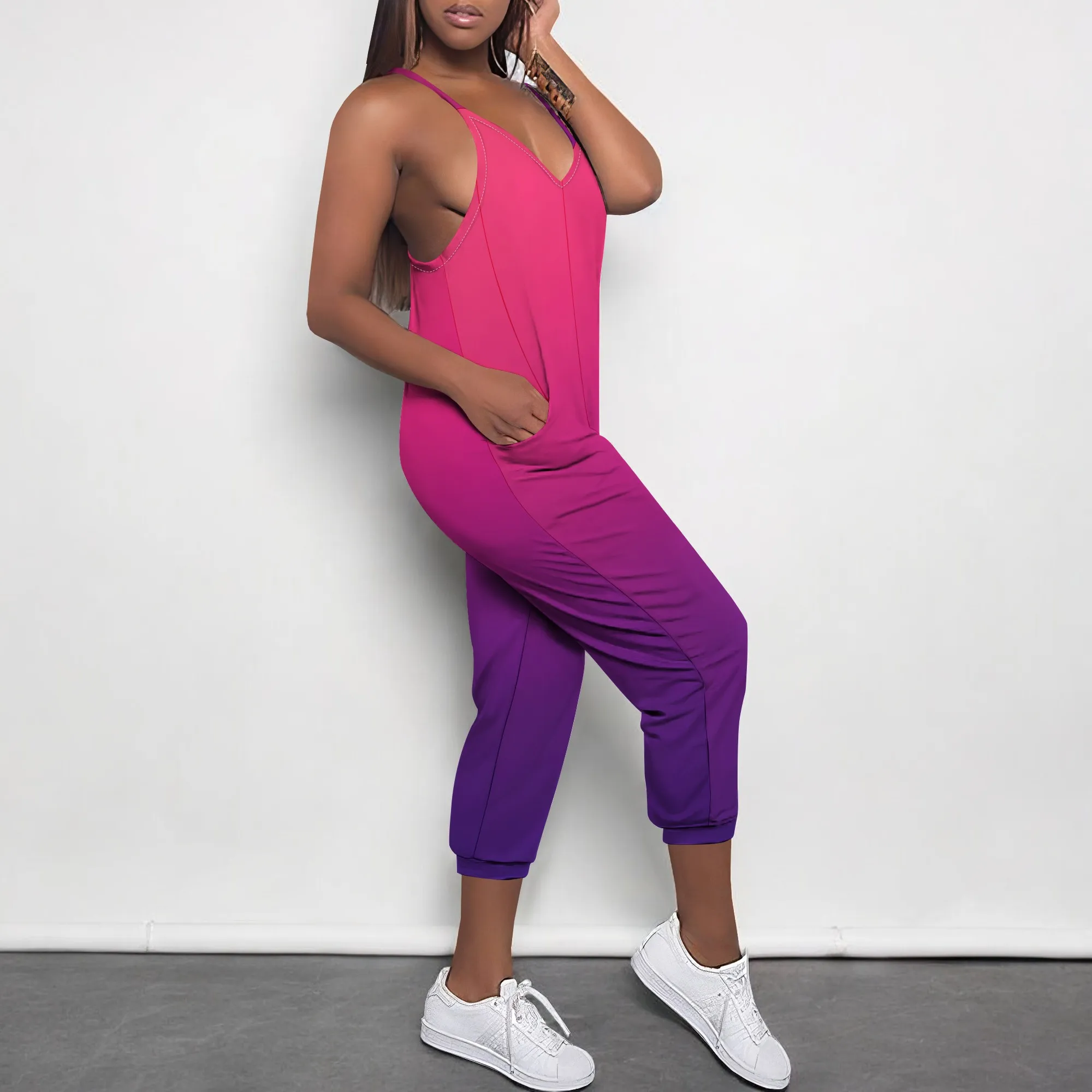 Tuta da donna sexy con scollo a V senza maniche con retro scollato Pantaloni lunghi stampati sfumati con tasche Pagliaccetti casual