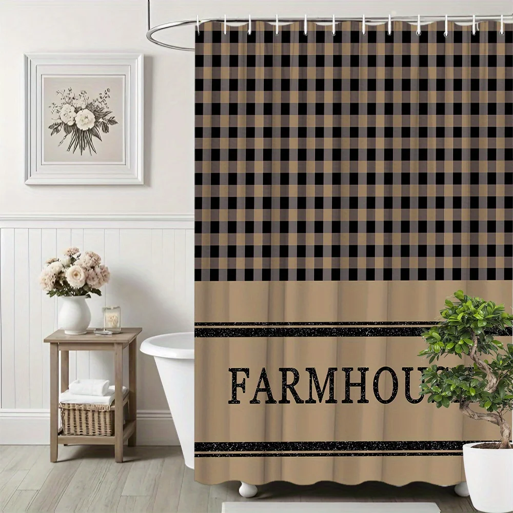 farmhouse plaid shower curtain black brown checkered pattern rustic country style bathroom decor with hooks easy to care for