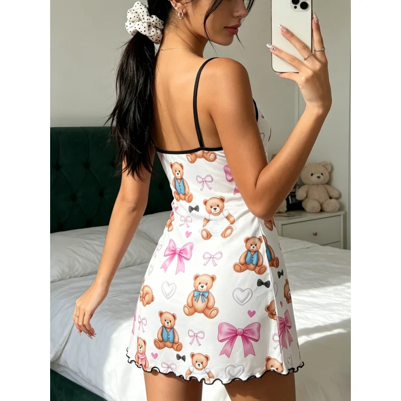 Women Summer Nightdress Spaghetti Strap Ruffle Trim Round Neck Home Loungewear Sleep Dress Cute Teddy Bear Print