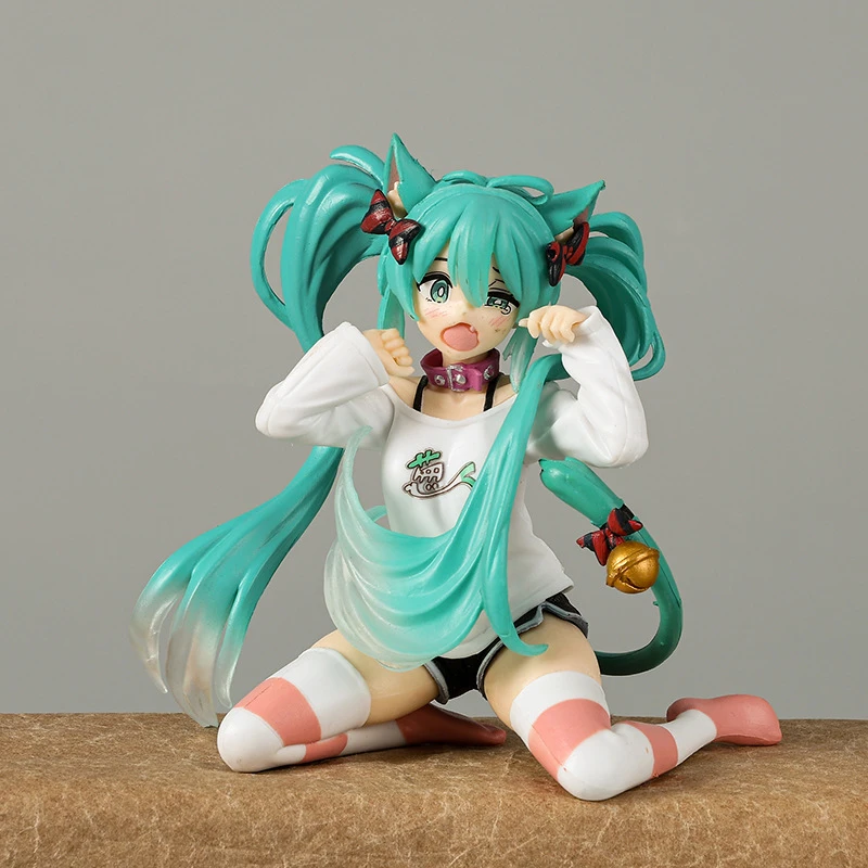 Kawaii Hatsune Miku Anime Figure Toys 11cm Neko T-Shirt Ver. PVC Action Figurine Cute Cartoon Desk Decoration Model Dolls Gifts