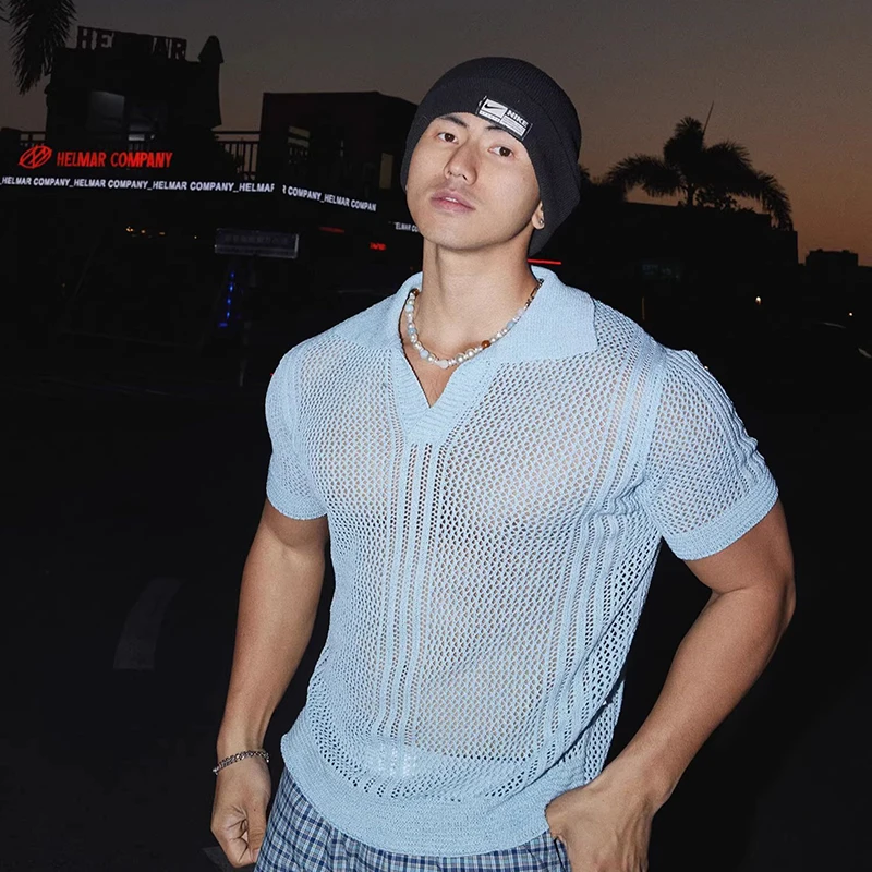

Summer New Men's American Retro V-Neck Hollow Out Knit Shirt, Versatile Japanese Style Breathable Short Sleeve Trendy T-Shirt