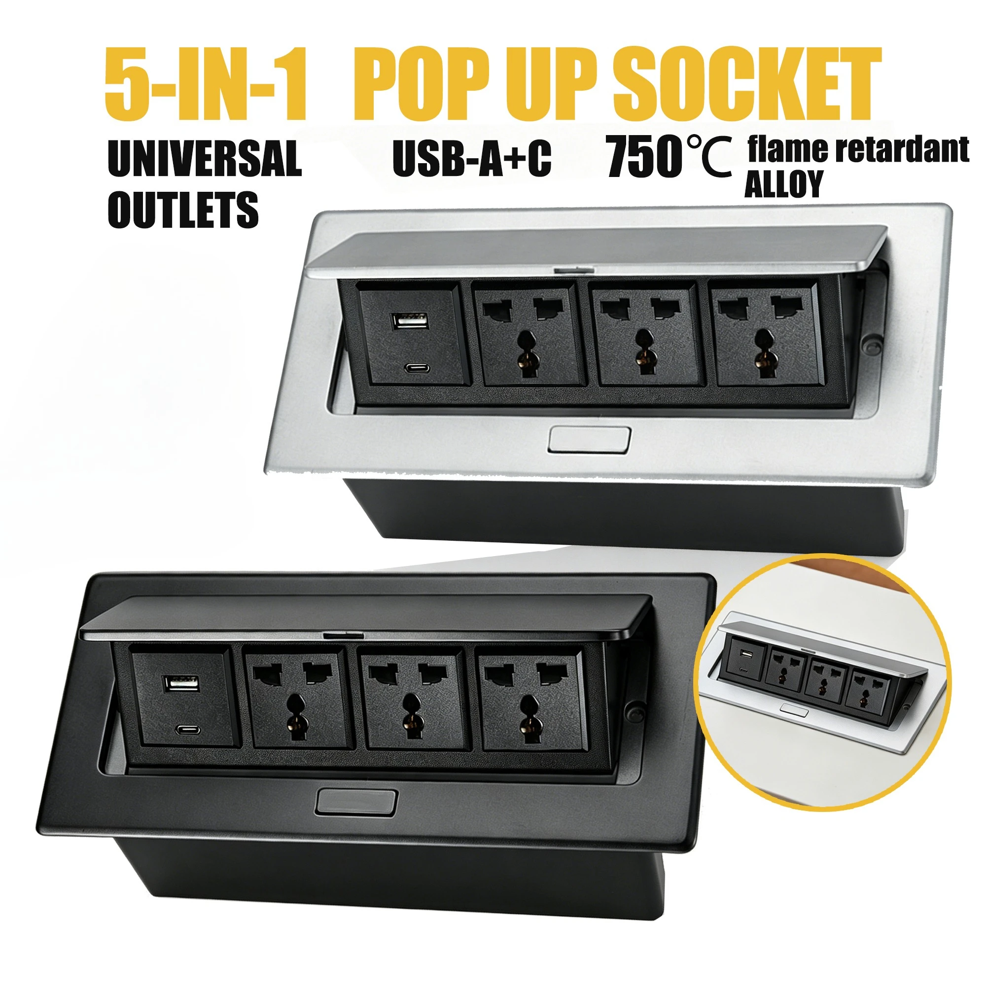 FUNAYA Universal Pop Up Hidden Socket Desktop Table Power Extension Outlets USB-A C Hidden AC Socket for Furniture Marble Office