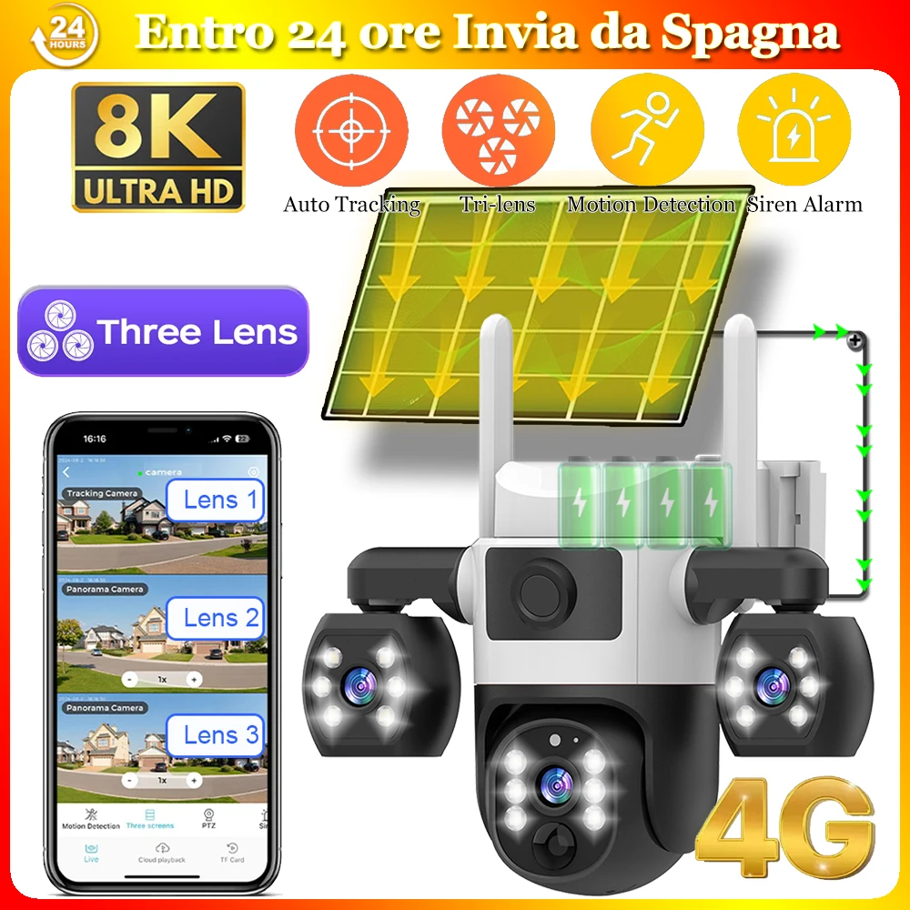 Telecamere Solari 4G con 3 Lenti, Impermeabili per Esterni, Wireless, Allarme Push, Monitor PTZ, Sorveglianza 360°, Scheda SIM 4G, Controllo Remoto IP CCTV, Batteria Integrata, Alimentazione Solare,