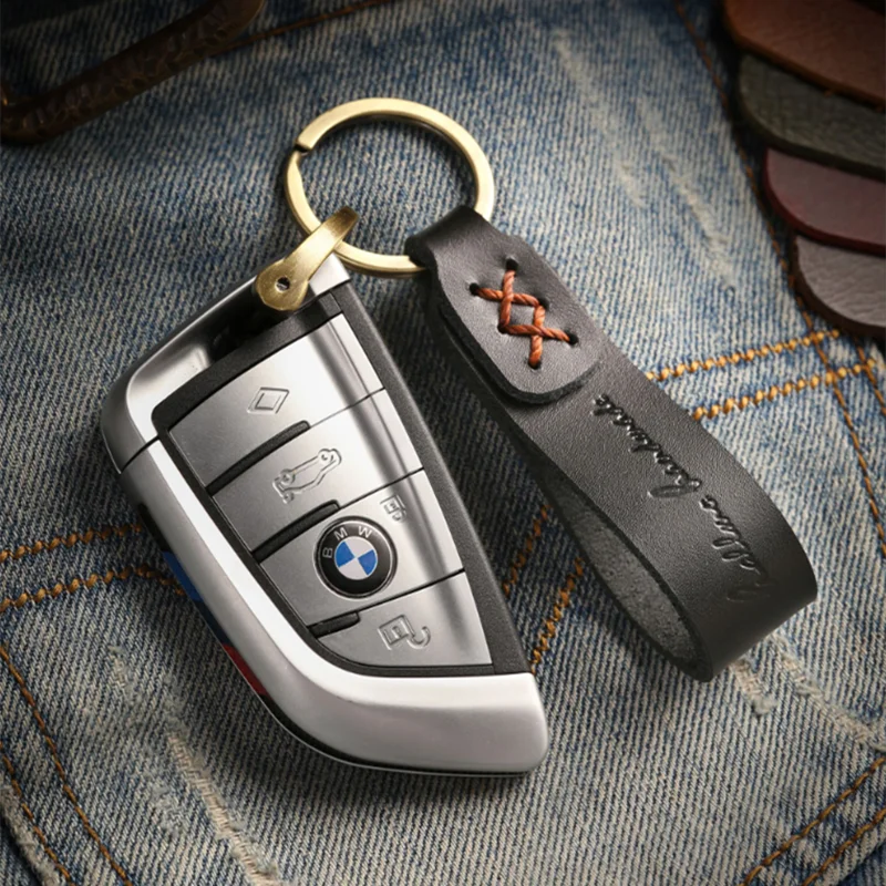 New Hand-made Cowhide Leather Car Key Ring Men Women Key Chain Waist Keychains Charm Metal Key Holder Gift Jewelry