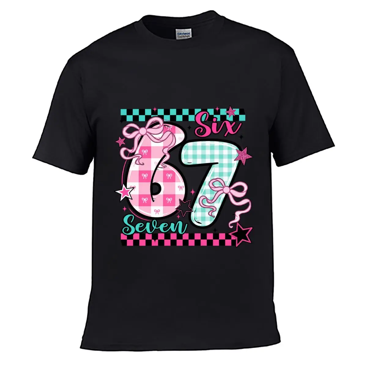 Six Seven Sixty Seven Pink Bow Checkerboard Stars Men Summer T-shirt Top