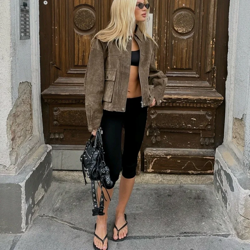 شتاء جديد المرأة ريترو Sle طويل Sve التلبيب الطيار Jaet ملابس خارجية جلد الغزال فضفاضة تناسب منتظم رقيقة البوليستر F...