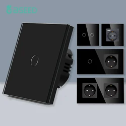 BSEED 1/2/3Gang Touch Light Switch Sensor Switch 1Way Wall Electric Socket With USB Type-C Glass Socket EU Standard Black