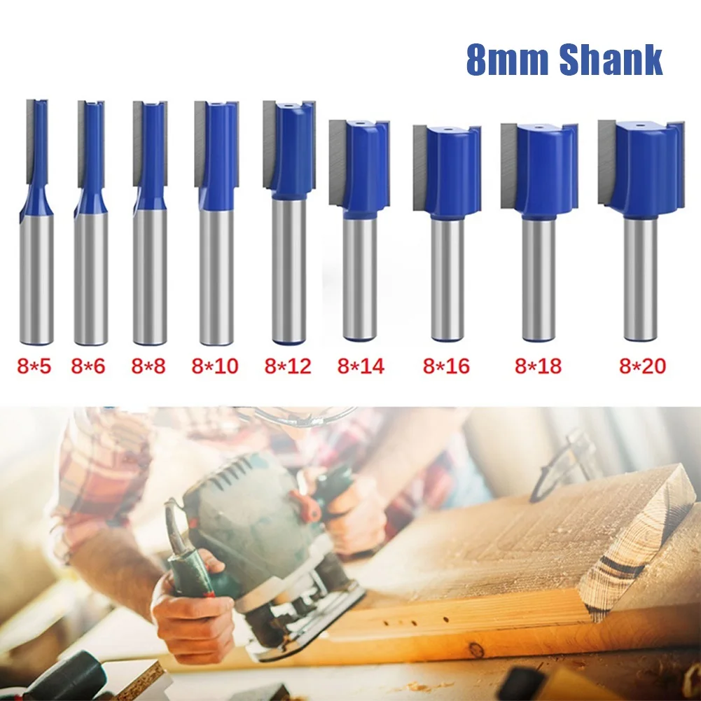 1pcs 8mm Shank Straight Router Bit Double Flute Wood Milling Cutter 5/6/8/10/12/14/18/20mm MDF Solid Woodworking Carving Tools