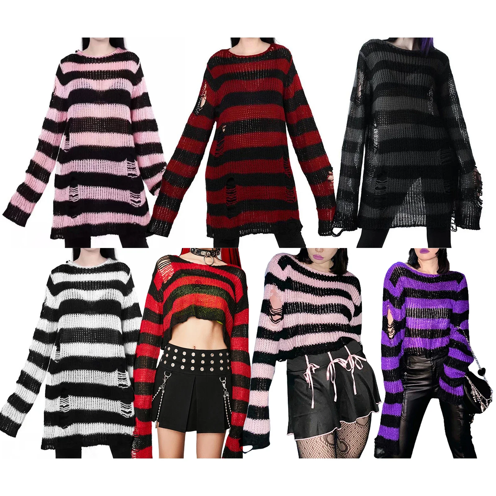 Women Hollow Knit Sweater Adults Color Block Stripe Pattern Long Sleeve Round Neck Pullover