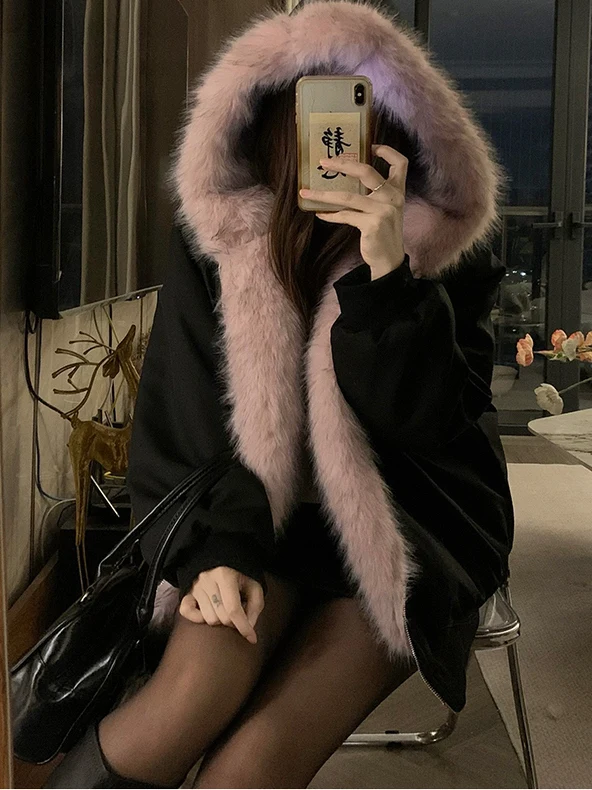 

Двусторонняя носимая куртка из искусственного меха для женщин, зимняя, с эффектом высококачественного меха, с капюшоном и воротником из меха, из экокожи, с утеплением из хлопка