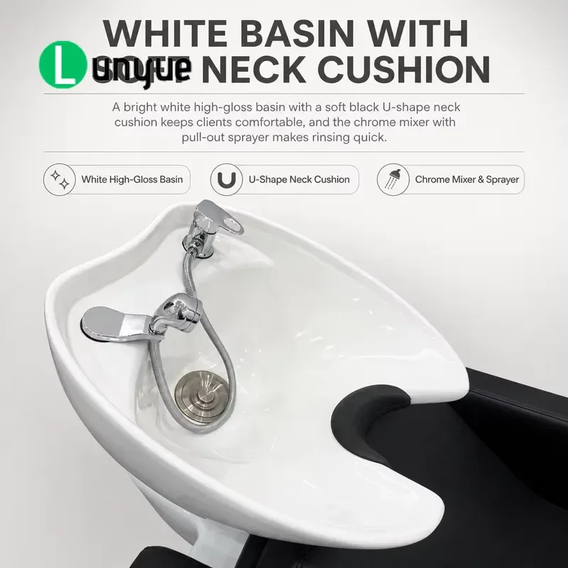 Electric Shampoo Chair Black White Perforated Leather With LED Base Light And Leg Rest For Hair Washing Station