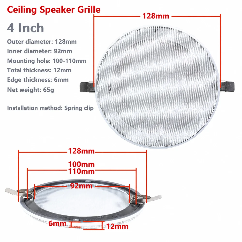1Pcs 4/5/6.5/8/10 Inch Ceiling Speaker Mesh Cover Plastic Frame Steel Mesh Speaker Grille Cover Spring Clip Attachment White
