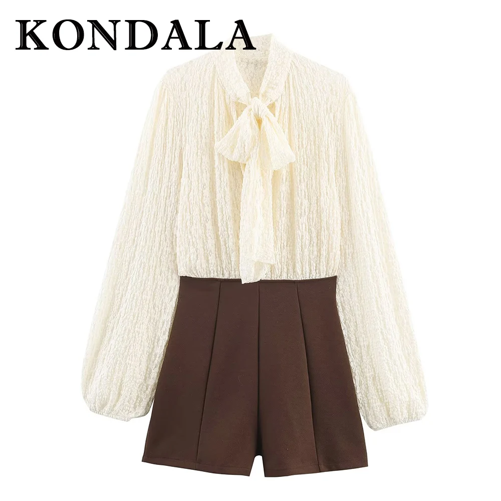 

KONDALA шикарный элегантный лоскутный кружевной бант уличная одежда боди винтажная осенняя мода 2025 женский повседневный комбинезон с длинными рукавами