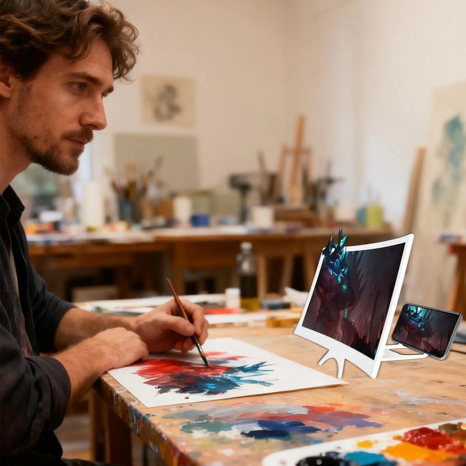 مضخم شاشة منحني قابل للطي 12 بوصة مضخم صوت للهاتف المحمول فائق الوضوح عدسة مكبرة حامل كسول لمشاهدة الفيلم