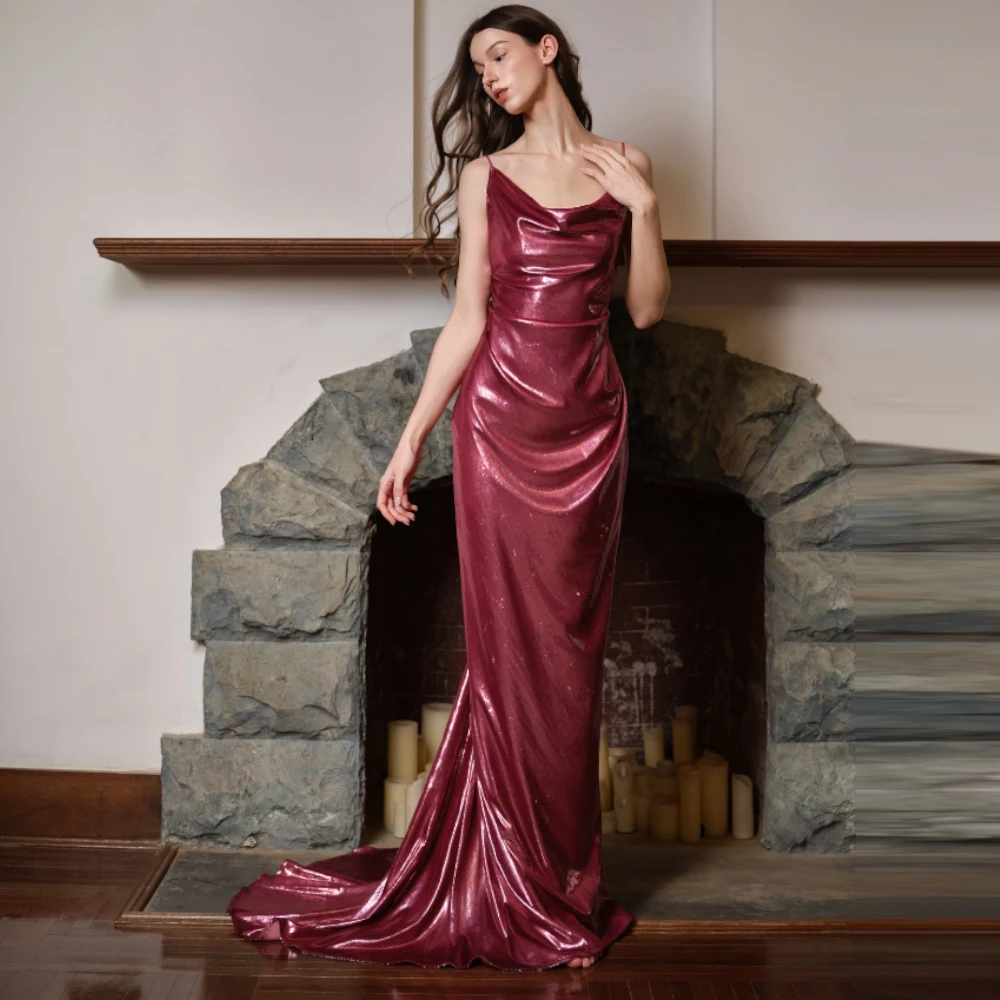 Elegant Mermaid Evening Dress Delicate Spaghetti Straps Chapel Train Customized Celebrity Gowns Sparkly Satin Prom Dresses