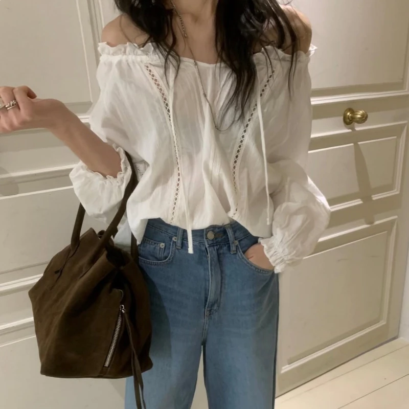 

2026 Spring New Style Ribbon One Word Neck Hollow Design Simple Relaxation Long Sleeve Shirt for Women