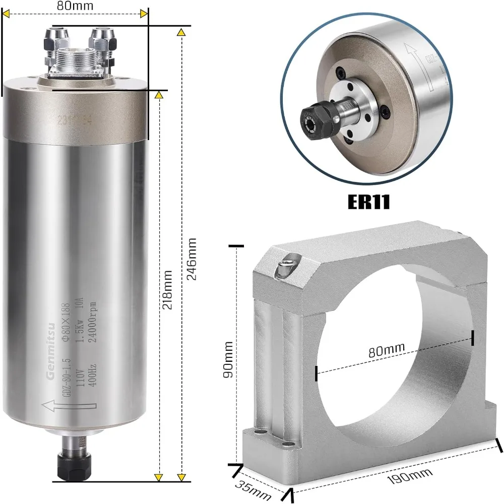 Spindle Motor Kits, 2.2KW Water Cooled Spindle Motor, with VFD & Water Pump, 80mm Diameter Aluminum Clamp Mount,