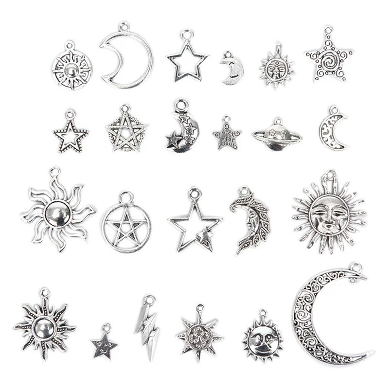 23Pcs Mixed Silver Moon Star Sun Charm Pendants DIY Hand‑Making Jewelry Making Accessory Findings Set