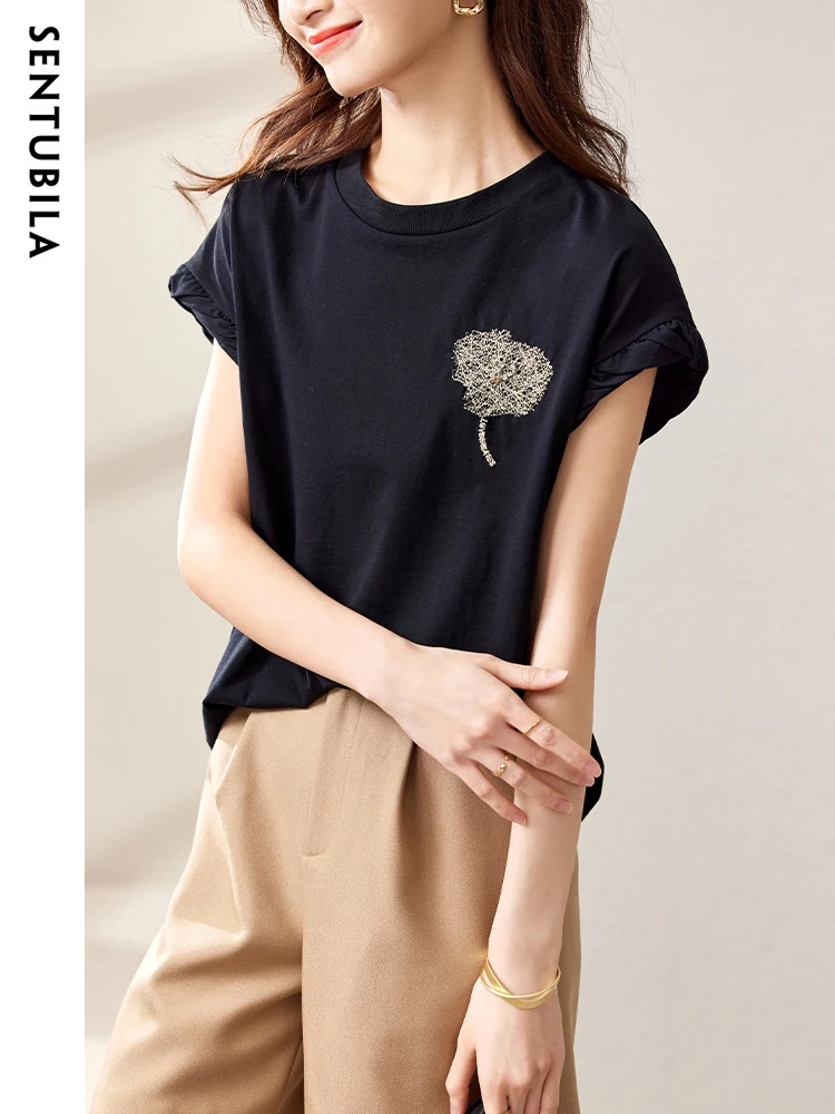 SENTUBILA Simple 100% Cotton Black T-Shirts Women 2024 Summer Short Sleeve Knit Tops Round Neck Loose Casual Female Tee Shirts