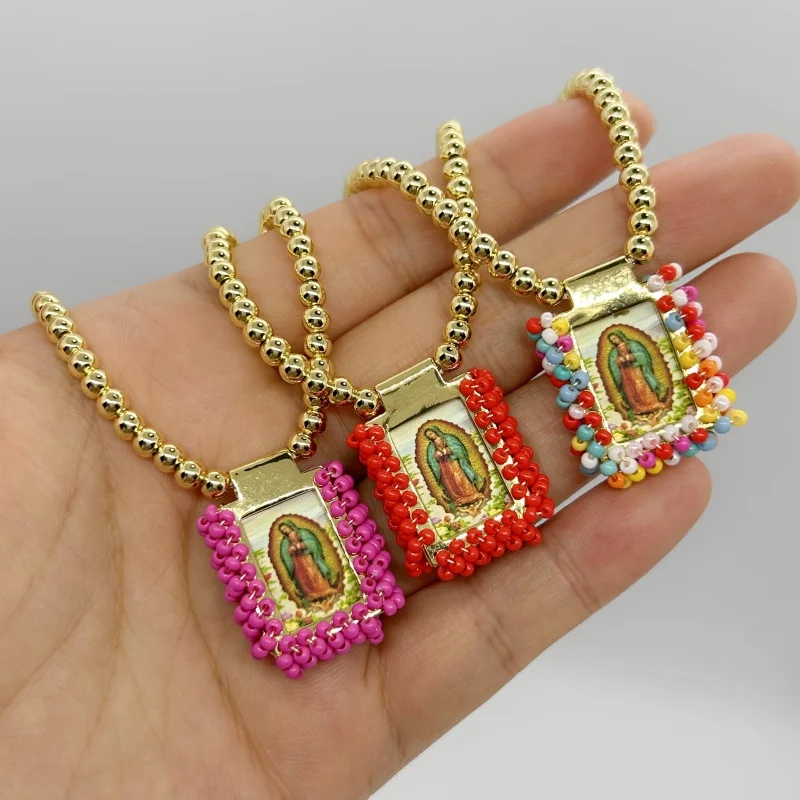 1pc Gold Plated Scapular Medal Bracelet Copper Miyuki Beads Catholic Virgin Mary Guadalupe Pulsera Rope Religious Jewelry Gift