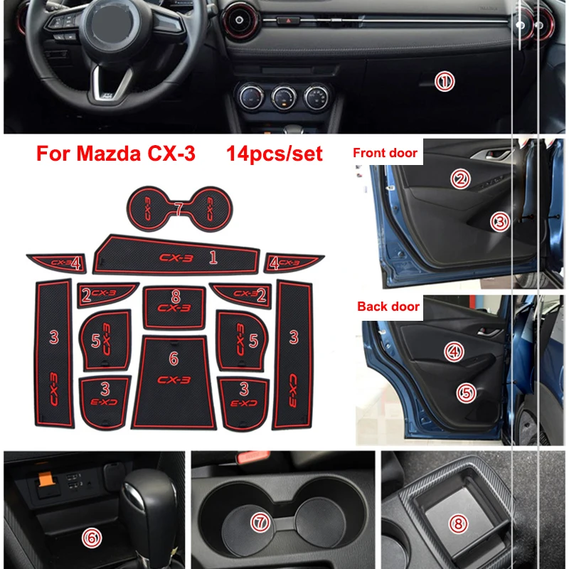 Rubber Car Door Mat Anti-slip Cup Pad For Mazda CX-3 CX3 CX 3 14pcs Interior Decoration Gate Slot Pad Accessory