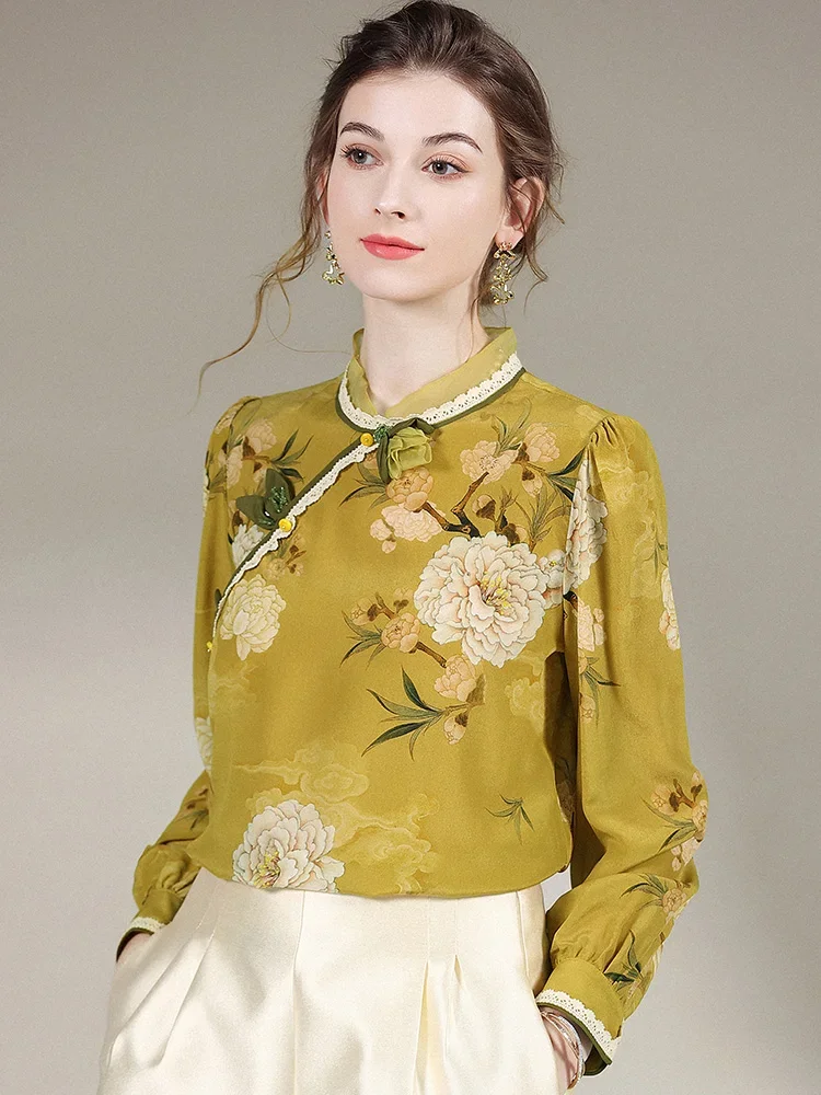 100% Mulberry Silk Shirt Spring Print Shirts Women Clothing Elegant Feminine Shirts 2024 Women's Long Sleeve Top Blusas Mujer LM