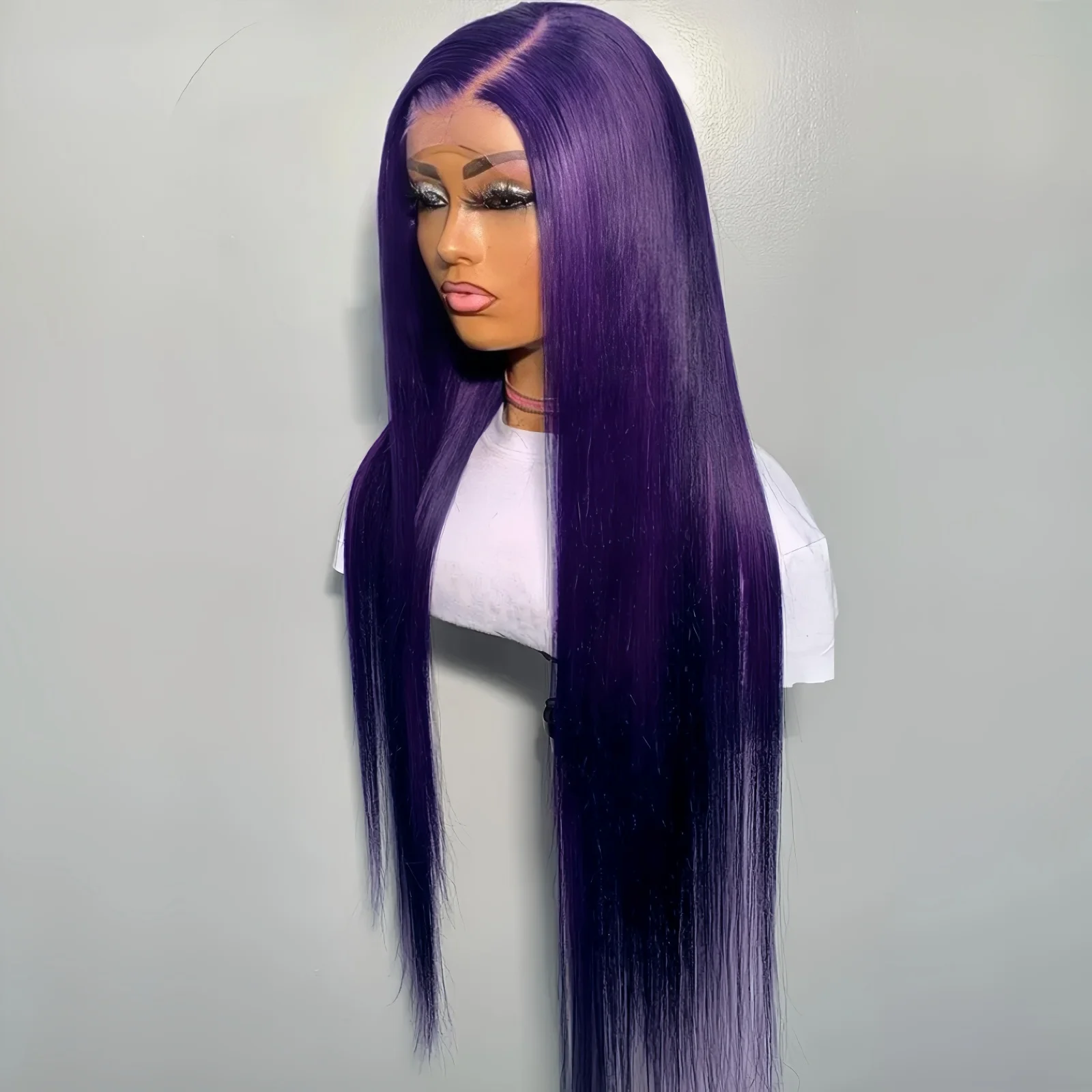 ダークパープルのロングシルキーストレート合成ヘア、フリーパート、接着剤不要、13x4レースフロント、カラーウィッグ、女性用、デイリー、パーティー、コスプレ