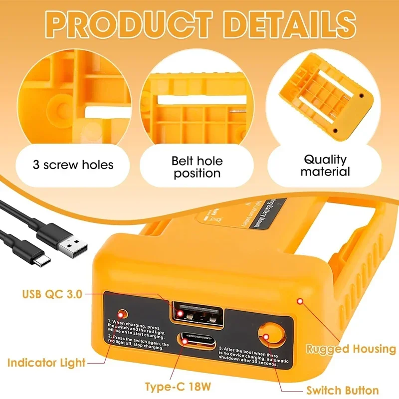 USB Charger Adapter for Dewalt 18V 20V Li-ion Battery USB Type-C Fast Charging DCB200 DCB205
