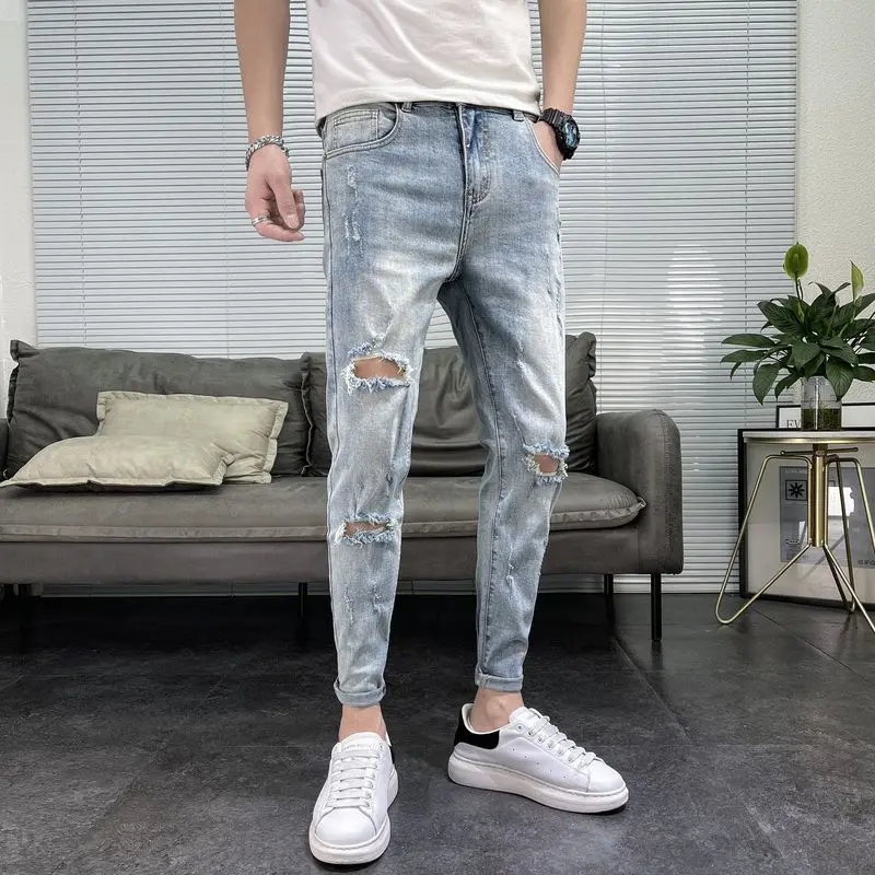 

Tight Pipe Jeans for Men Slim Fit Trousers with Holes Broken Torn 2025 Korean Autumn Skinny Luxury Xs Ripped Man Cowboy Pants