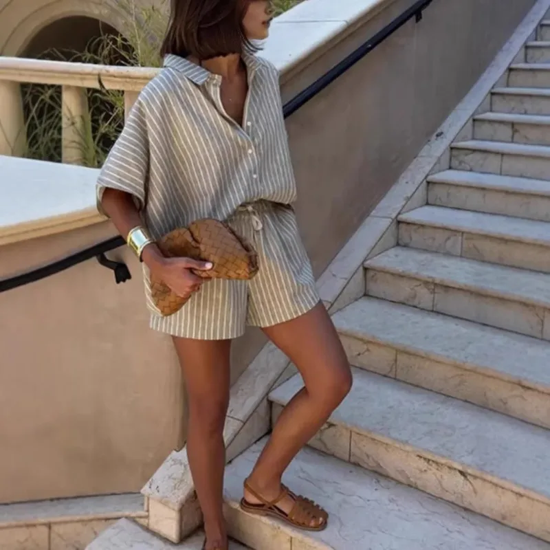 Elastic Waist Women Long-sleeved Shirt Cotton-linen Striped Shirt and Shorts Set Shorts Casual Women's Two Piece Set Summer Suit
