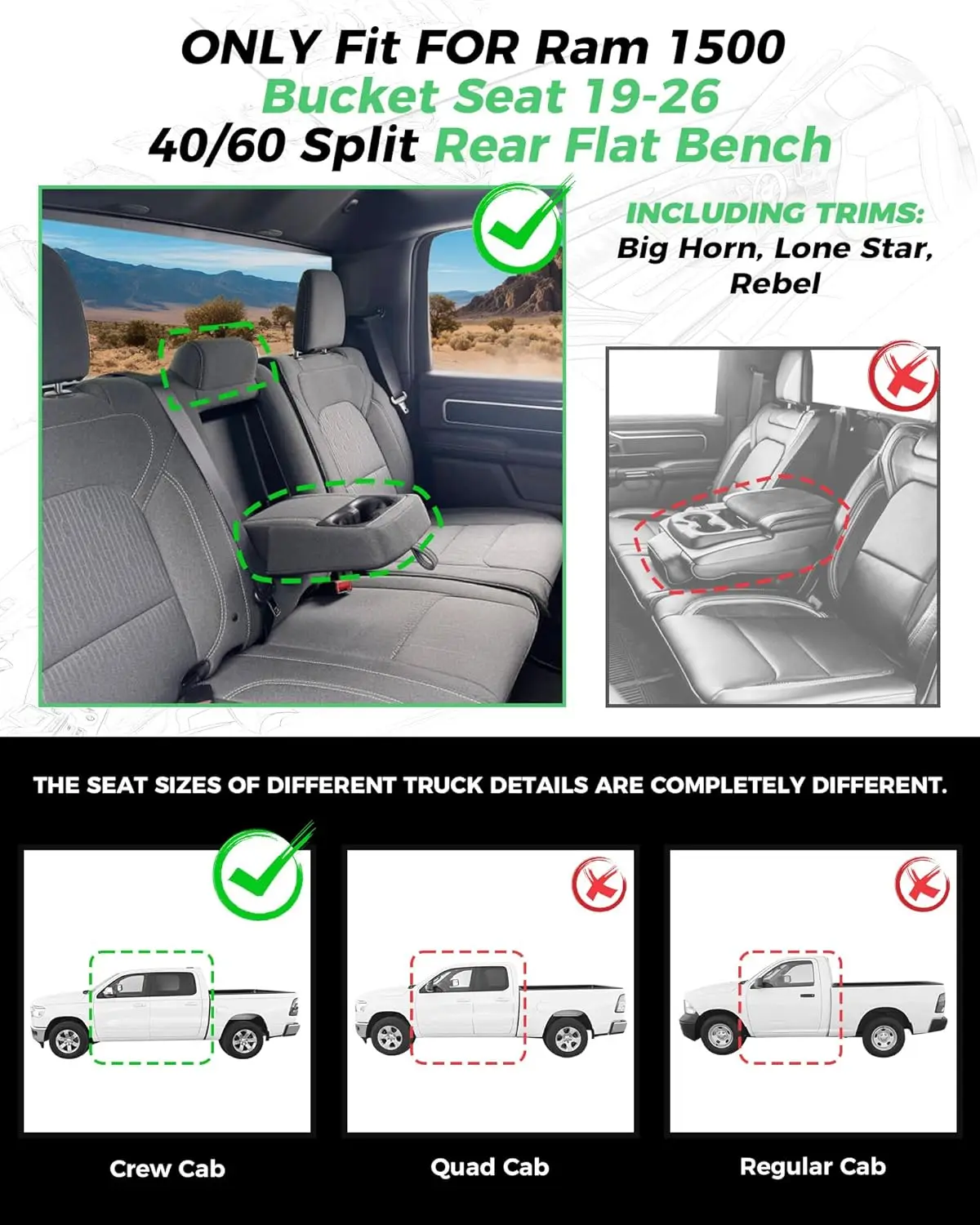 Dodge Ram truck seat covers, leather, black, custom full set for 2019 - 2026 Crew Cab 1500, 40/60 split flat bench