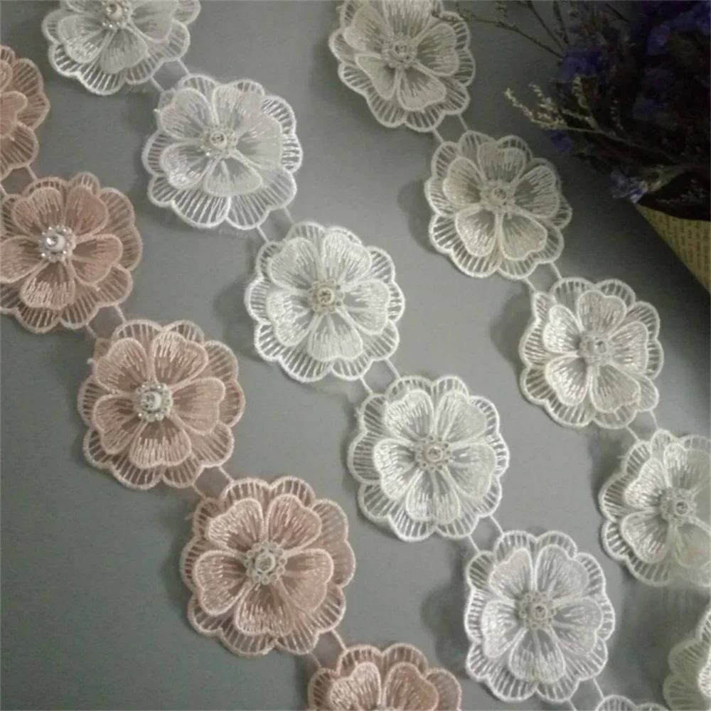 10x 3D Pearl Beaded Flower Embroidered Lace Trim Ribbon Floral Applique Patches Dress Fabric Sewing Craft Vintage 5.5X5.5cm