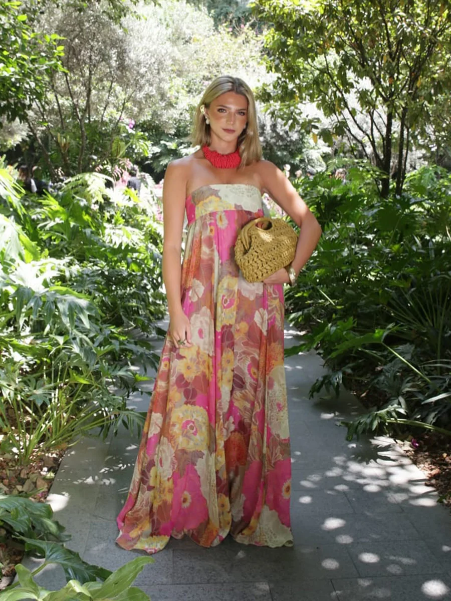 

Flower Print Chiffon Long Dresses Women Off Shoulder Two Buttons Backless A-line Vestios Summer Bohemian Casual Vacation Dress
