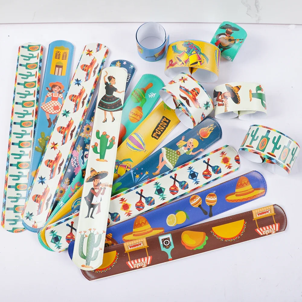 12 Uds Fiesta mexicana tema Cactus TACO Slap pulseras pulsera juguete para recuerdos De fiesta De cumpleaños Cinco De Mayo piñata bolsa rellenos