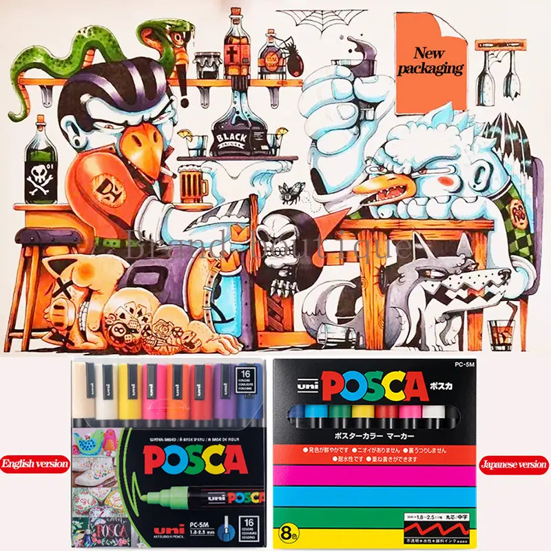 New Packaging UNI POSCA Markers PC-1M/3M/5M Acrylic Colors Marker POP Graffiti Painting Hand-drawn Manga Art Supplies Stationery