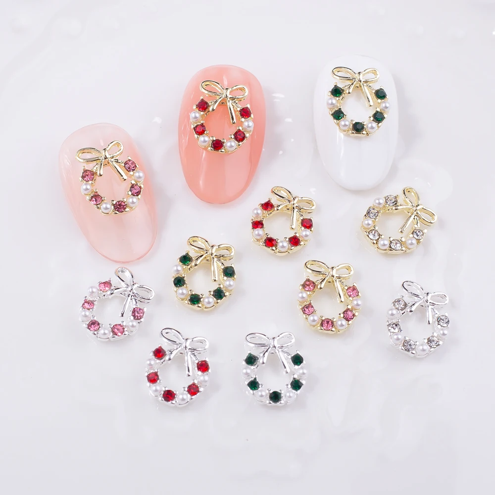 10Pcs Garland Bowknot Pearl Zircon Nail Art Charms 3D Colour Rhinestone Christmas Wreath Design Nail Jewelry DIY Nail Decoration