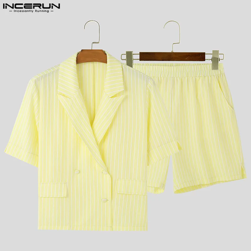 INCERUN Men Sets Solid Color Lapel Short Sleeve Blazer & Shorts Two Pieces Sets Summer Streetwear 2024 Fashion Men Casual Suits